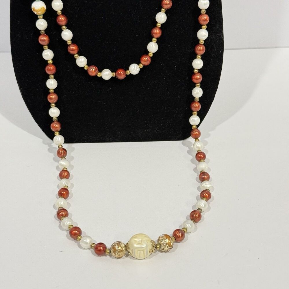 Vintage CORO Signed Faux Pearl Beaded Long Layering Necklace Cream Brown Gold - Picture 3 of 16